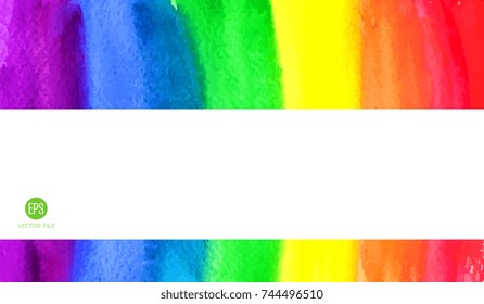 Rainbow border frame. Abstract painting background. Watercolor ink. Hand drawn paper texture. Vector. Colorful. Red, orange, yellow, green, blue, indigo, violet, purple, white color. Banner, wallpaper