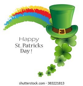 Rainbow, bowler hat and clover on white background. St. Patrick's Day symbol