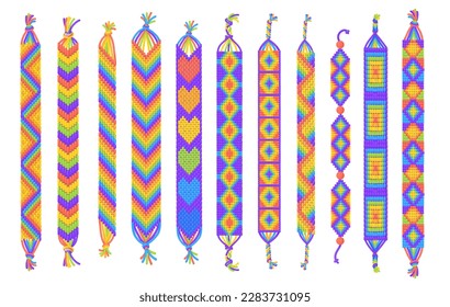 Rainbow bracelets. LGBT bracelet, diy beading friendship wristband colorful thread gay symbol for pride or hippie festival, craft casual women jewelry, neat vector illustration