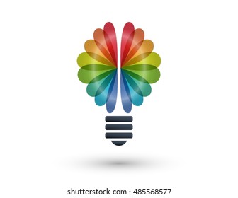 Rainbow brain and light bulb logo. 3D icons and design elements. Bright and colorful company branding concept.