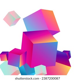 Rainbow Brick Vector White Background. Iridescent Geometric Box Wallpaper. Business Element Cover. Holographic Cube Shiny Template.