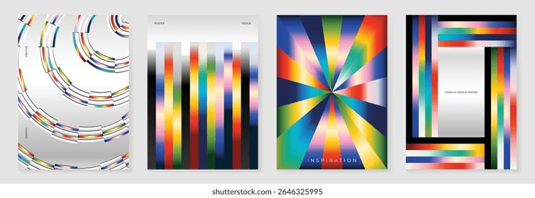 Rainbow bridge gradient poster background vector set. Cover template with vibrant perspective geometric prism shapes. Ideal design for social media, cover, banner, flyer.