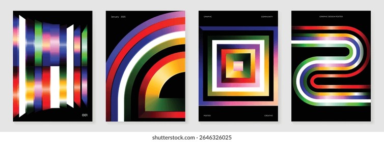 Rainbow bridge gradient poster background vector set. Cover template with vibrant perspective geometric prism shapes. Ideal design for social media, cover, banner, flyer.
