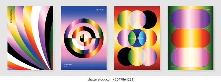 Rainbow bridge gradient poster background vector set. Cover template with vibrant perspective geometric prism shapes. Ideal design for social media, cover, banner, flyer.