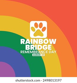 Día de recuerdo de Rainbow Bridge, 28 de agosto, adecuado para publicación en redes sociales, saludo de tarjeta, Anuncio, diseño de Plantilla, impresión, evento, Sitio web, Vector, con una ilustración de la pata de una mascota.