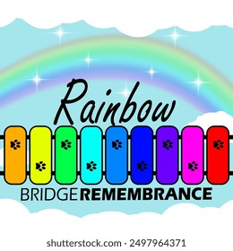 Rainbow Bridge Remembrance Day event banner. A colorful bridge with dog footprints crossing and a rainbow above the clouds to celebrate on August 28th