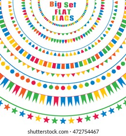Rainbow bright colors flat style holiday flags garlands set on white background. Vector