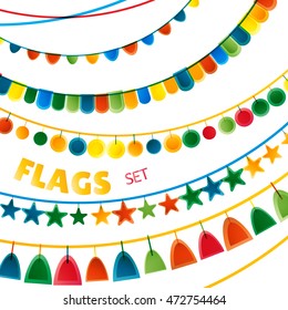 Rainbow bright colors holiday flags garlands set on white background. Vector