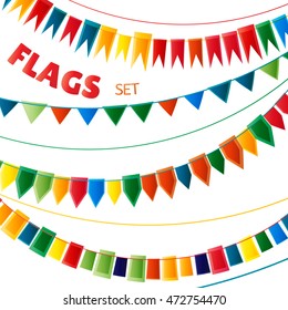 Rainbow bright colors holiday flags garlands set on white background. Vector