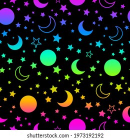 rainbow bright neon pattern with moon and stars