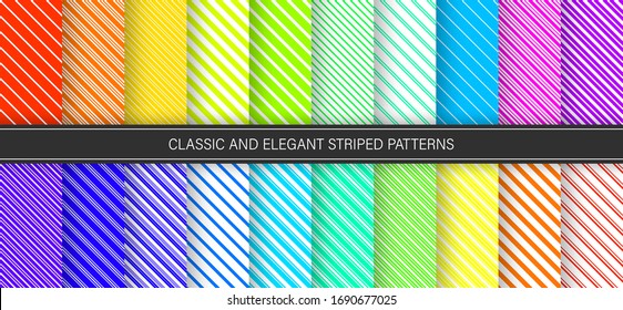 Rainbow-Helle Streifen-Muster. Satz nahtloser Vektorillustration mit diagonaler Linienverzierung. Kunst, pastellfarbiger Hintergrund. Muster für Regenbogenfeiern, Einladung zum Geburtstag. Helle Pastellfarbe