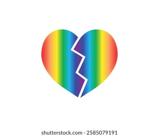 Rainbow broken heart with a vertical pattern. Art, breakup, broken, couple, divorce, emoji, feeling, heart, heartbreak, hurt, icon, pain, partner, relationship, symbol, tragic and vector.