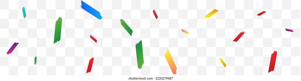 Rainbow Brush Festive Vector Transparent Panoramic Background. Carnaval Shavings Card. Celebration Dust Wallpaper. Falling Paint Abstract Illustration.