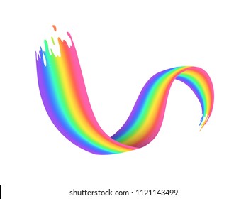 Rainbow brush stroke on white background. Realistic wavy shape of rainbow vector illustration. Creative paint element for design. Colorful natural phenomenon after rain. Bright colors spectrum.