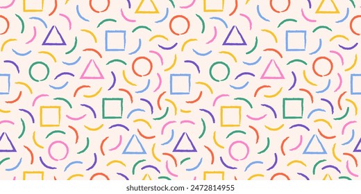 Rainbow brush strokes and geometric shapes. Hand-drawn curved and wavy lines. Vector seamless pattern in grunge style. Chaotic pastel strokes. Modern background in cheerful summer colors.
