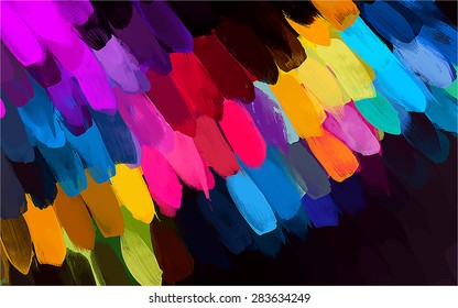 Rainbow brush strokes on black background. Vector version