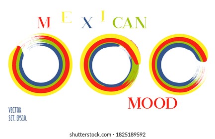 Rainbow brushed stroke circles vector set. Mexican colors round label backgrounds. Red, green, blue, yellow round brush smears. Logo, emblem element design. Rainbow enso, zen abstract symbol.