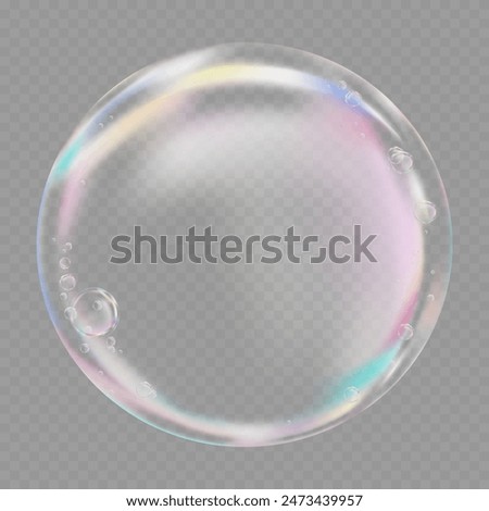Rainbow bubble isolated on transparent background. Realistic 3D vector illustration of multicolour soap foam balls or Shampoo with reflections.Transparency flying Single Clear shiny Rain drop