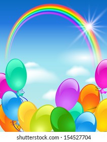 Rainbow, bubbles and sun in the blue sky
