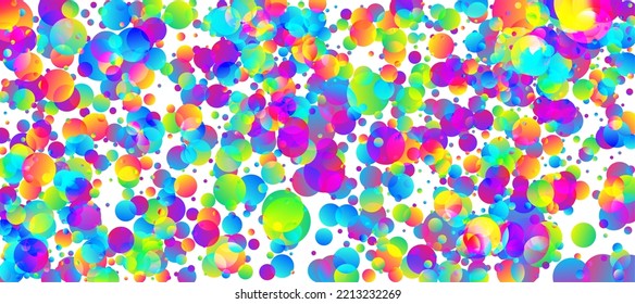 Rainbow bubbles vector background. Fun abstract circles confetti. Round transparent rainbow bubbles multicolor gradient circles background
