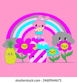 rainbow bunny with flowers t-shirt print