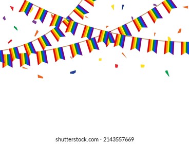 Rainbow Bunting Flags And Confetti Isolated On White Background. Concept Of LGBT Celebration, Pride Month.