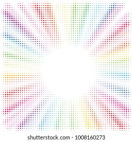 Rainbow burst background. Halftone effect. Abstract radial, convergent lines isolated on white. Explosion, radiation, zoom, visual effect. Sun or star rays in pop art style. 80 s style banner design