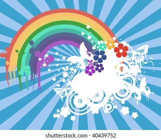 rainbow and butterflay on blue background