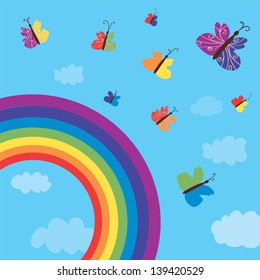 Rainbow and butterflies background funny design