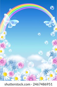 Rainbow with butterflies, bubbles and meadow flowers in the clouds sky. Summer background. Environmental concept.