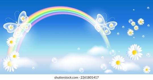 Rainbow and butterflies and flowers flying in cloudy sky among daisy flowers and clouds in blue sky. Environment day concept.