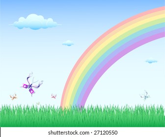 Rainbow with butterflies on a background of the sky and grass