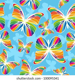 Rainbow butterflies on blue background