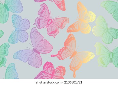 rainbow butterflies on a light gray background, seamless pattern
