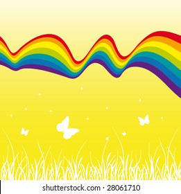 Rainbow with butterflies silhouettes on the yellow background