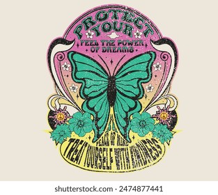 Rainbow butterfly artwork. Treat yourself with kindness. Protect your peace of mind. Butterfly with flower artwork for t shirt print, poster, background and other uses. Feel the power of dreams.