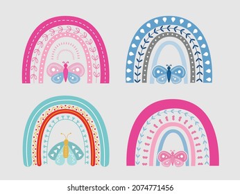  Rainbow With Butterfly Desing Vector Illustrator