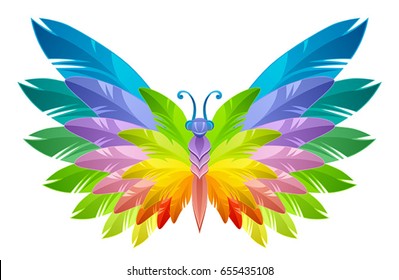 Rainbow butterfly with feathers wings on a white background