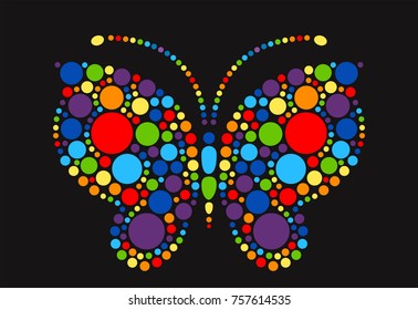 Rainbow butterfly. Multicolor silhouette of butterfly drawing with dots. Bright illustration for greeting card. Color print for textiles.