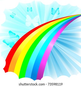 Rainbow with butterfly on the blue sky