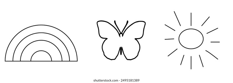 rainbow butterfly sun black outline on transparent background, 