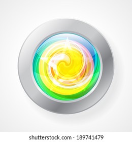 Rainbow button with a star in a metal frame. Vector illustration.