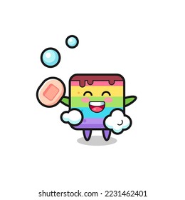 rainbow cake character is bathing while holding soap , cute style design for t shirt, sticker, logo element