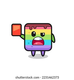 pastel de arcoiris linda mascota como árbitro que da una tarjeta roja, diseño de estilo lindo para camiseta, pegatina, elemento logo