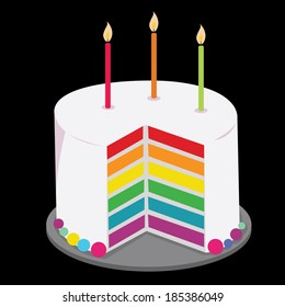 rainbow cake decorated with birthday candles. concept vector illustration