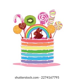 Rainbow cake decorated with rainbow, chocolate bunny, chocolates, caramels, chocolate, molasses and waffles. Fairytale background with holiday sweets. Vector illustration in cartoon style.