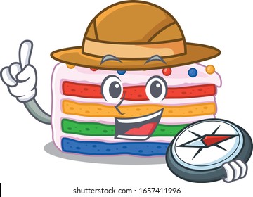 Rainbow cake experienced Explorer using a compass