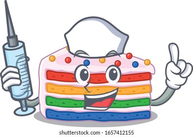 A rainbow cake hospitable Nurse character with a syringe