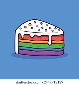 Rainbow cake slice with candy sprinkles and white cream coating, cake cartoon vector illustration	
