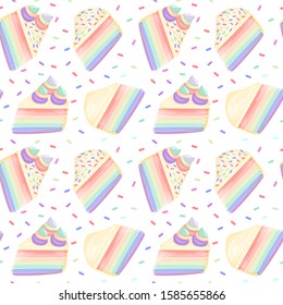 Rainbow Cake Slice Cartoon Style Vector Illustration Seamless Pattern, Isolated Colorful Piece Of Delicious Cake.